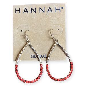 Hannah Red Accent Pierced Open Teardrop Dangle Hoops‎ Hook Earrings 2" NWT